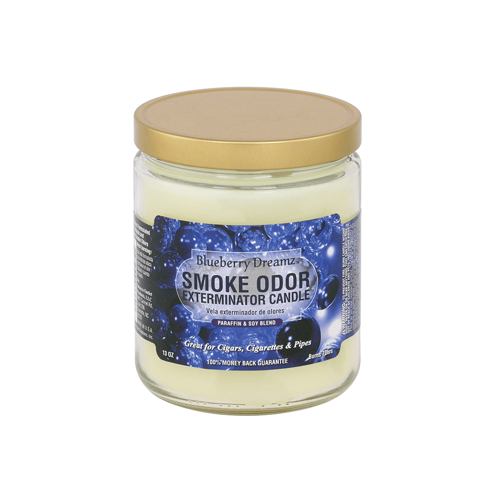 Blueberry Dreamz Smoke Odor Exterminator candle in a jar, effective odor neutralizer for cigars, cigarettes, and pipes.