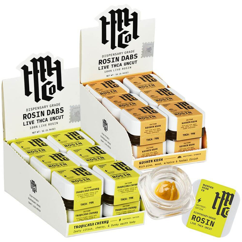 Modern Herb Co live rosin dabs in display box, featuring Tropicana Cherry and Kosher Kush flavors, highlighting THCA potency.