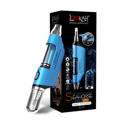 Lookah Seahorse Pro Plus vape pen in blue with packaging, featuring quartz taste and easy clean design.