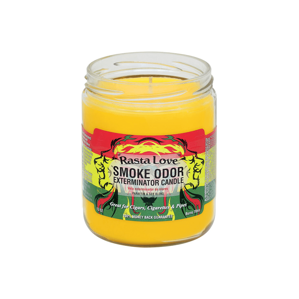 Smoke Odor Exterminator candle in a jar, designed to eliminate smoke odors from cigars, cigarettes, and pipes.