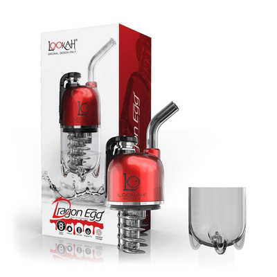 Lookah Dragon Egg Vaporizer in red with packaging, showcasing its compact size and innovative design for powerful vaping.
