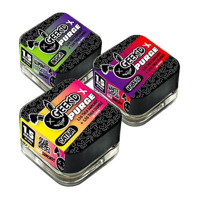 Geek'D x PURGE THCA Diamonds and Crumble containers in three varieties: Indica, Sativa, and Hybrid.