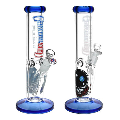 Grateful Dead x Pulsar glass water pipe with Space Your Face design, 11.75 inches, straight tube, blue accents, and Grateful Dead logo