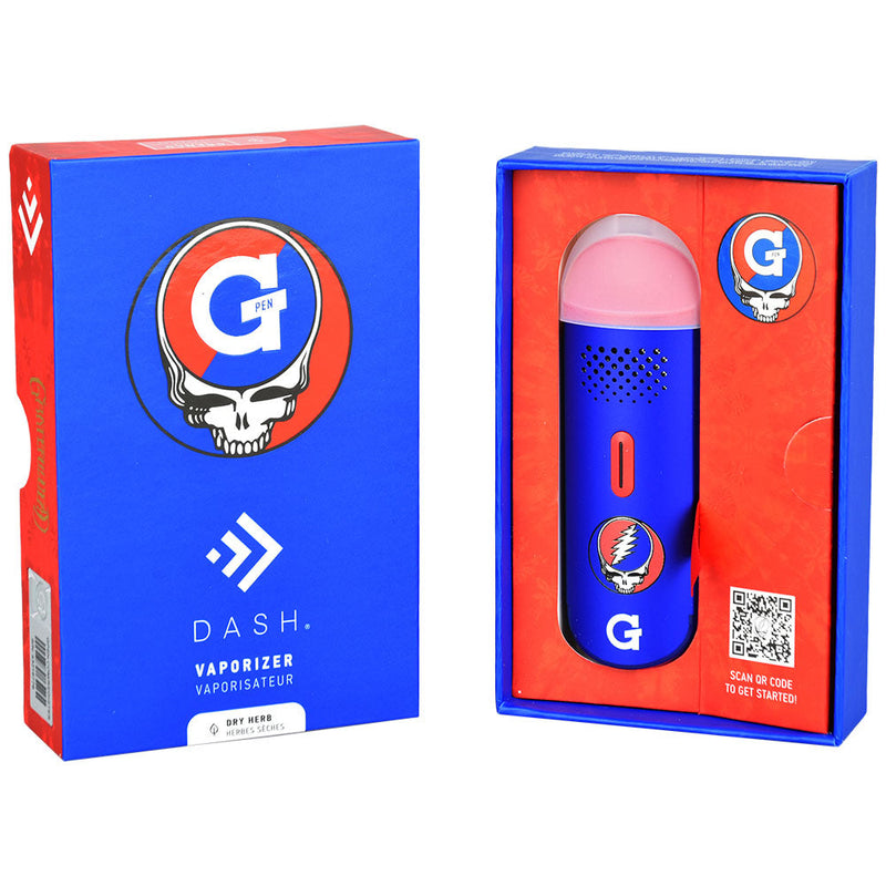 Grateful Dead x G Pen Dash Dry Herb Vaporizer - 900mAh in blue packaging, featuring LED display and stainless steel heating chamber