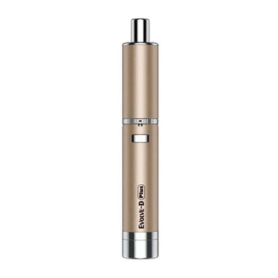 Yocan Evolve-D Plus Dry Herb Pen Vaporizer in beige with built-in storage jar and dual-coil spiral atomizer.