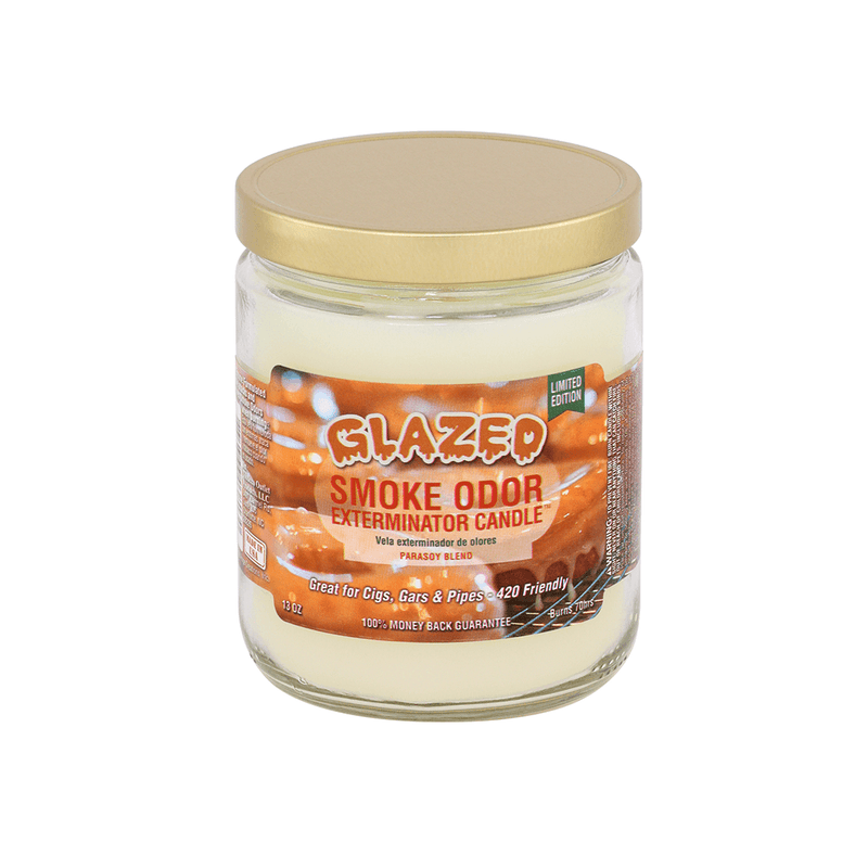 Glazed Smoke Odor Exterminator candle in jar, ideal for eliminating smoke odors from cigars, with delightful fragrances.