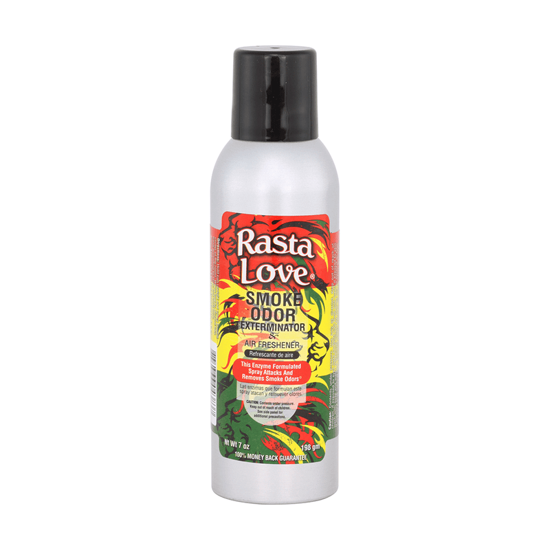 Rasta Love Smoke Odor Exterminator spray, effective for eliminating smoke, pet, and household odors.