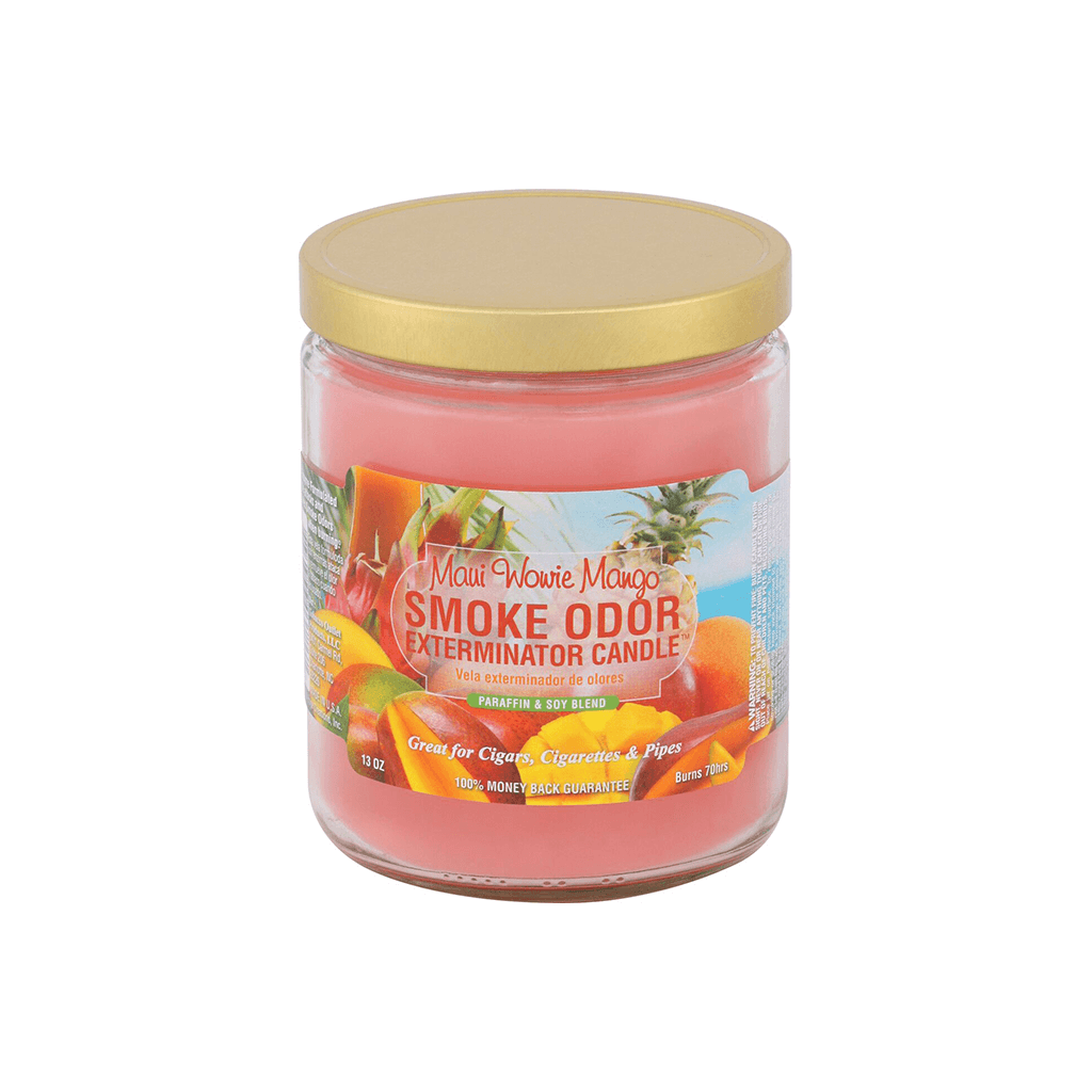 Maui Wowie Mango Smoke Odor Exterminator Candle in jar, designed to eliminate smoke odors and provide a delightful fragrance.