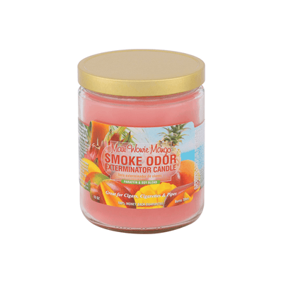 Maui Wowie Mango Smoke Odor Exterminator Candle in jar, designed to eliminate smoke odors and provide a delightful fragrance.