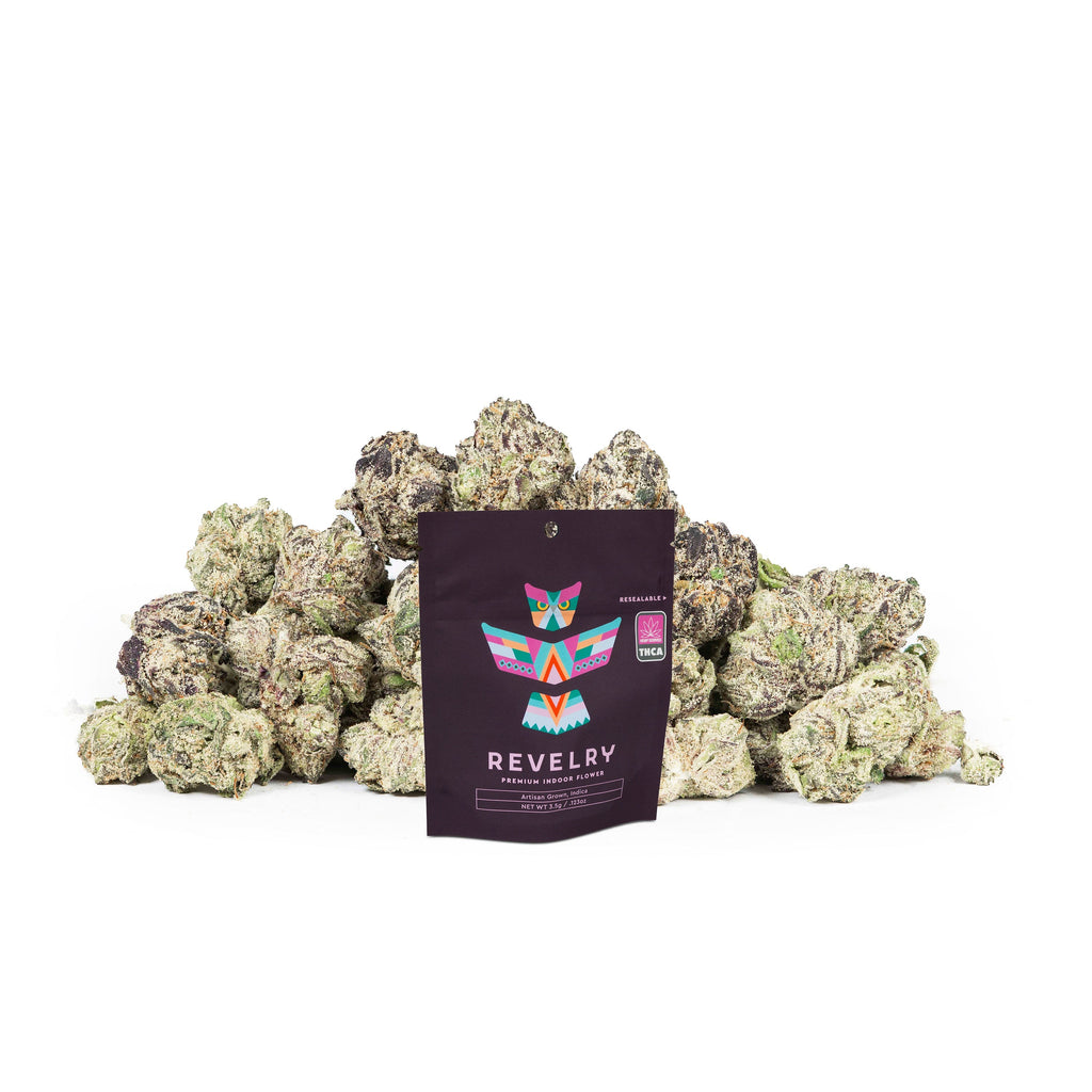 Revelry Frosted Runtz THCA Flower Small Buds (AAA Indoor) packaging with buds in background.