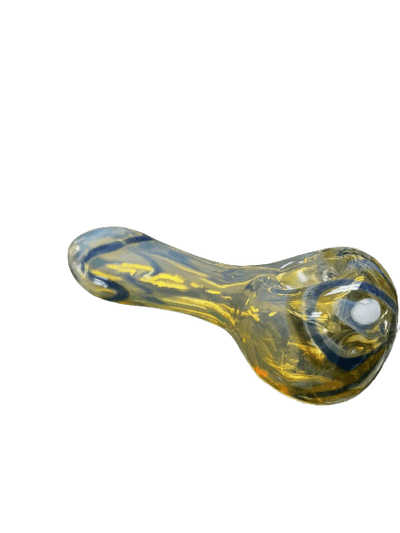 3.5" blue and yellow glass hand pipe, featuring unique swirl design, perfect for smoking. One piece included.