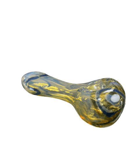 3.5" blue and yellow glass hand pipe, featuring unique swirl design, perfect for smoking. One piece included.