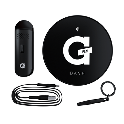 GPEN Dash Vaporizer with accessories including USB cable, keychain tool, and sleek black carrying case.