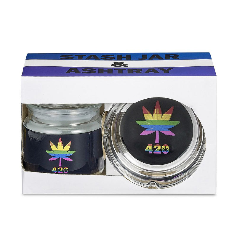 Ashtray and stash jar set - Rainbow leaf design