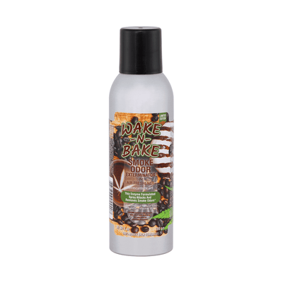 Wake N Bake Smoke Odor Exterminator spray for eliminating odors, featuring a coffee scent air freshener.