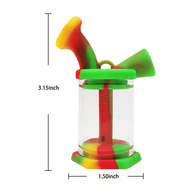 Waxmaid 3″ silicone glass mini bubbler in multicolored design with dimensions listed as 3.15 inches height and 1.50 inches width.