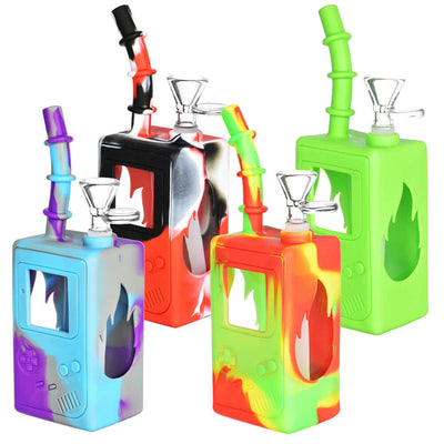 "Game Box silicone/glass water pipes in various colors - 7.5 inches tall with 14mm F joint, handheld game console design"