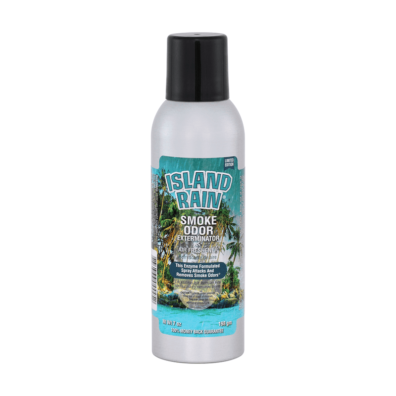 Island Rain Smoke Odor Spray in a silver canister, designed to eliminate smoke and odors effectively.