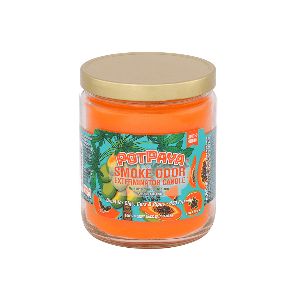 Potpaya Smoke Odor Exterminator Candle in orange jar, eliminates smoke smells from cigars, cigs, and pipes.