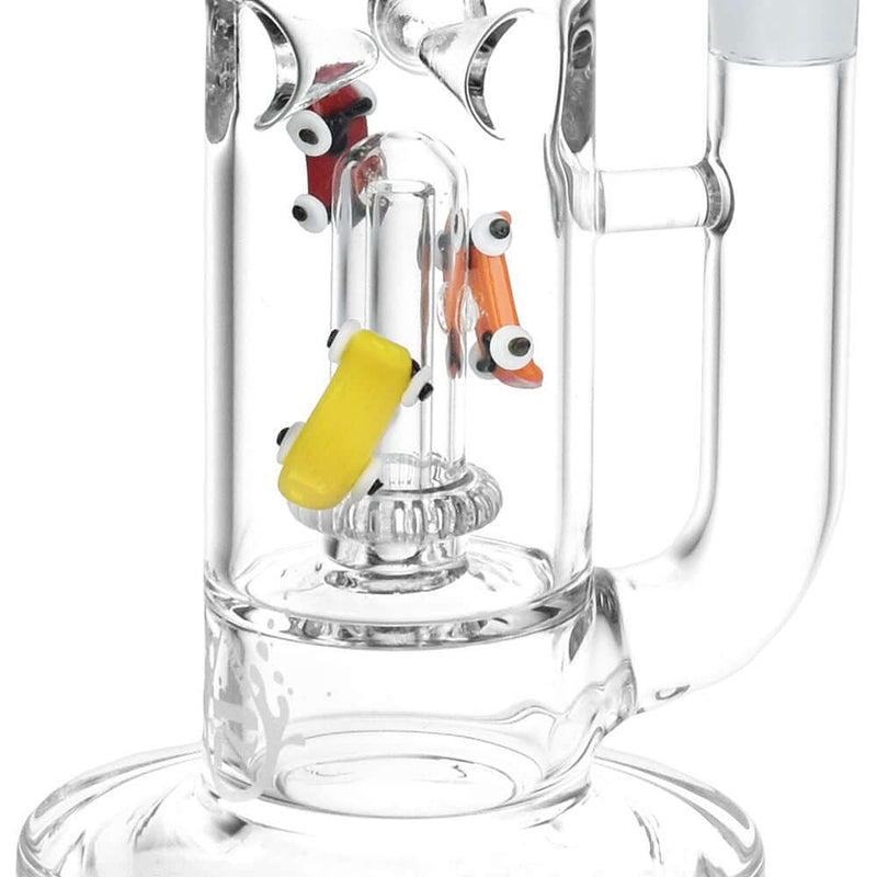 Pulsar Skate or Die glass water pipe with skateboard design and UFO percolator, 12.5 inches tall, borosilicate glass.