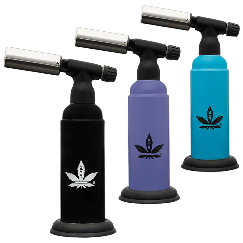 aLeaf Turbo Flame Blow Torch set featuring black, purple, and blue designs for precision heating and cannabis use.