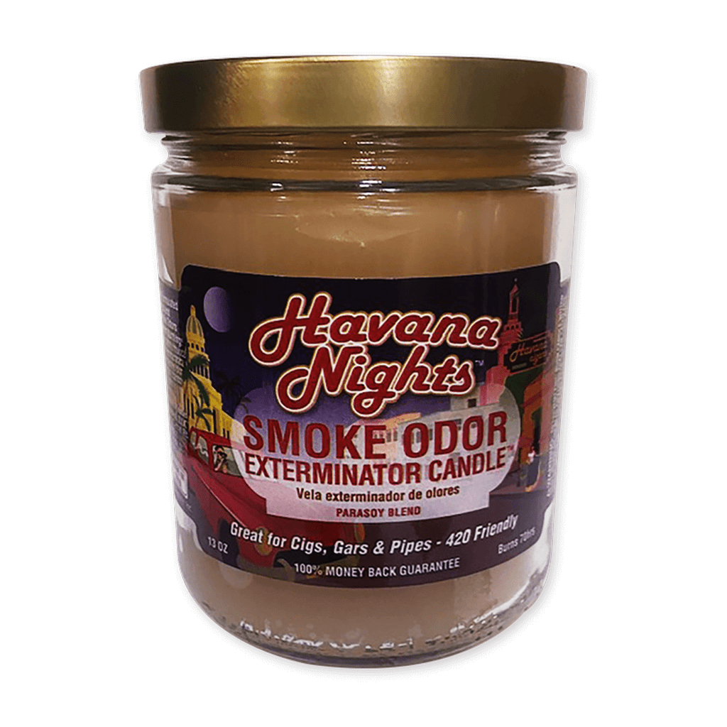 Havana Nights Smoke Odor Exterminator Candle in a jar for eliminating smoke odors from cigars, cigarettes, and pipes.