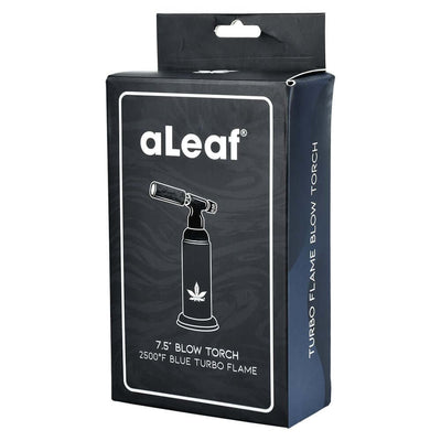 aLeaf 7.5" Turbo Flame Blow Torch packaging showcasing a sleek design, ideal for precision heating and melting.