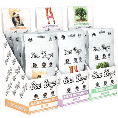 Gas Boys THCA Disposable Vape | 1g | 10ct Display showcasing various flavors and packaging.