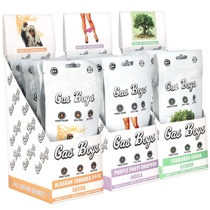 Gas Boys THCA Disposable Vape | 1g | 10ct Display showcasing various flavors and packaging.
