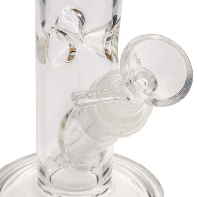 Close-up of LA Pipes Straight Shooter Bong showing clear glass details and bowl piece, handmade in Los Angeles.