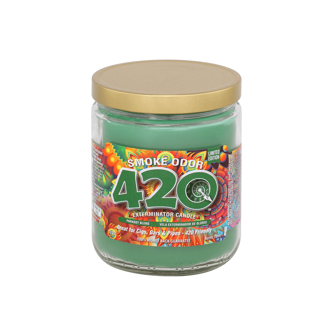 Smoke Odor Exterminator 420 candle in a jar, designed to eliminate smoke odors and fill the space with delightful fragrances.