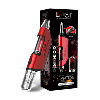 Lookah Seahorse Pro Plus vaping device in red with packaging showcasing quartz-taste technology and easy-to-clean design.