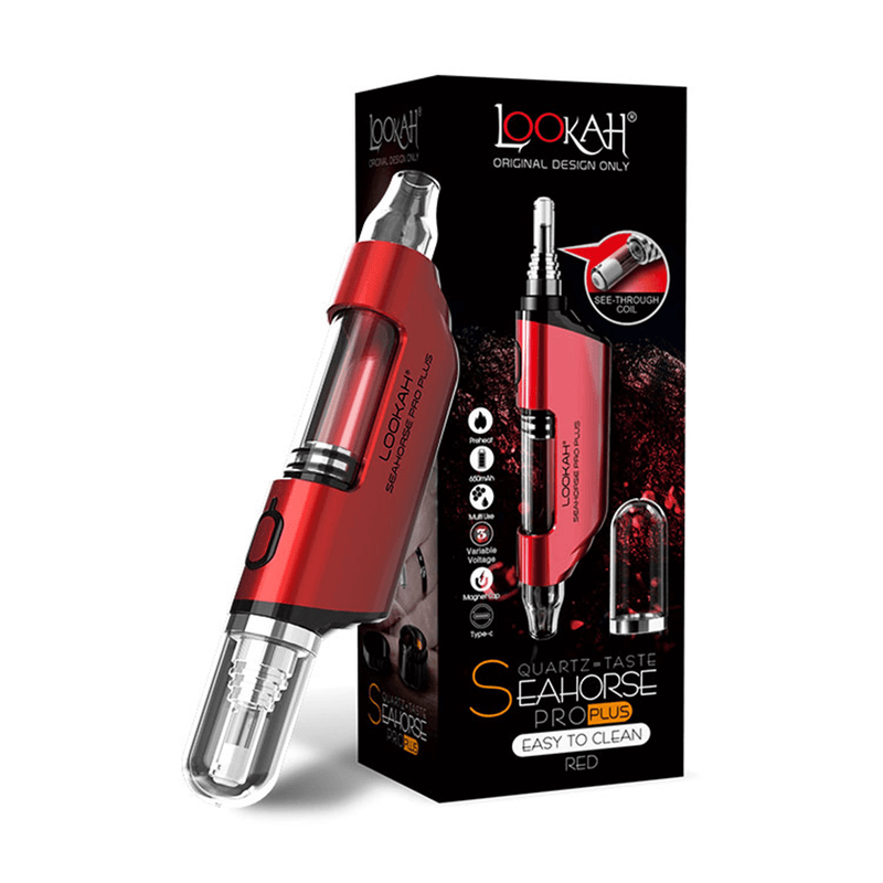 Lookah Seahorse Pro Plus vaping device in red with packaging showcasing quartz-taste technology and easy-to-clean design.