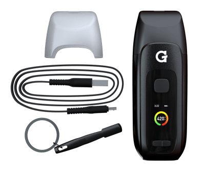 G Pen Dash+ Vaporizer with accessories showing full-color LED display, precise temperature control, and hybrid heating technology