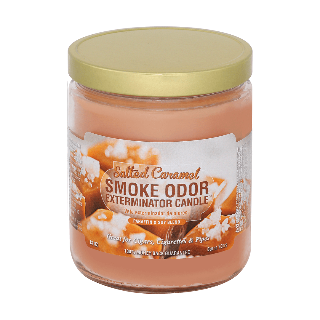 Salted Caramel Smoke Odor Exterminator Candle in a glass jar, designed to neutralize smoke odors from cigars and cigarettes.
