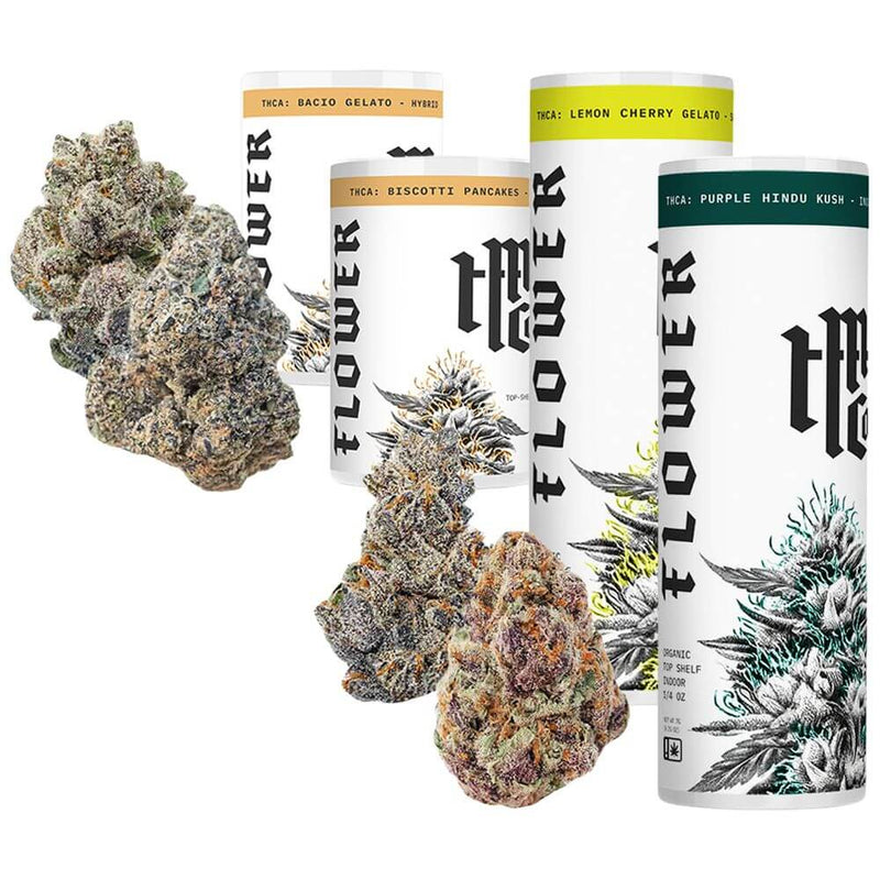 Modern Herb Co THCA Flower showcasing various strains and packaging, including Bacio Gelato and Lemon Cherry.