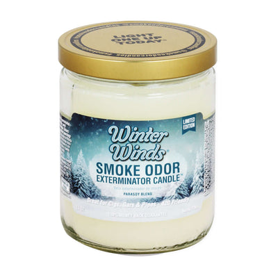Winter Winds Smoke Odor Exterminator candle in a jar, designed to neutralize smoke odors and enhance spaces with fragrance.