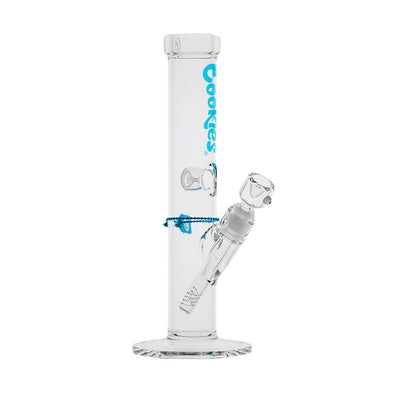 Cookies Original Straight Tube Glass Water Pipe with 14mm F joint, 13.25" tall, featuring custom Bite ice catcher and stylish logo.