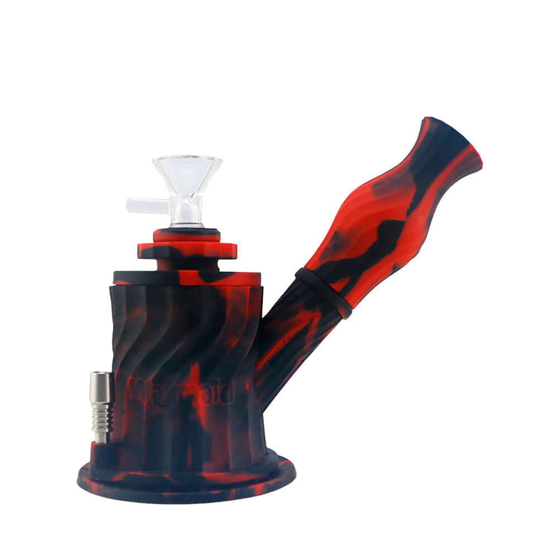 3-in-1 silicone water pipe, 7 inches tall, platinum-cured, red and black swirl design with 14mm female joint, versatile smoking pipe.