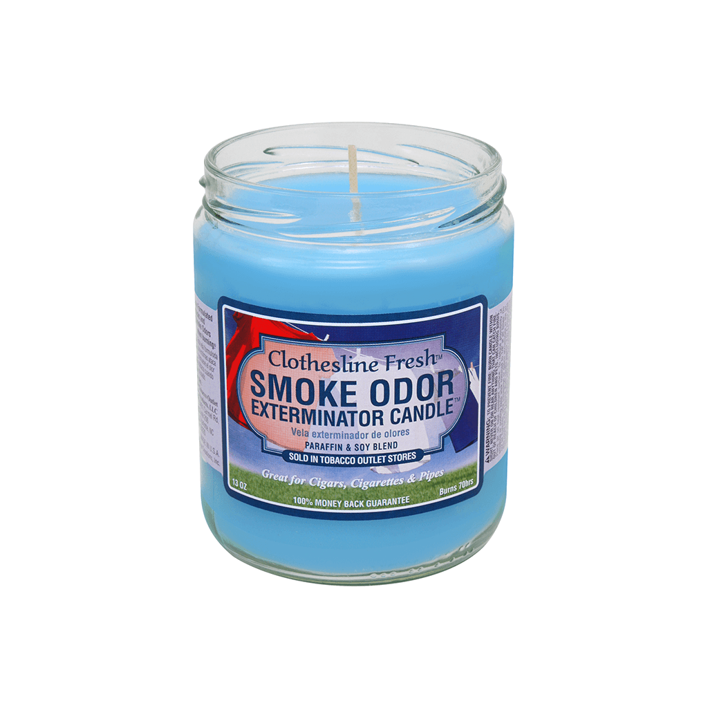 Smoke Odor Exterminator candle in blue jar, designed to eliminate smoke odors from cigars, cigarettes, and pipes.