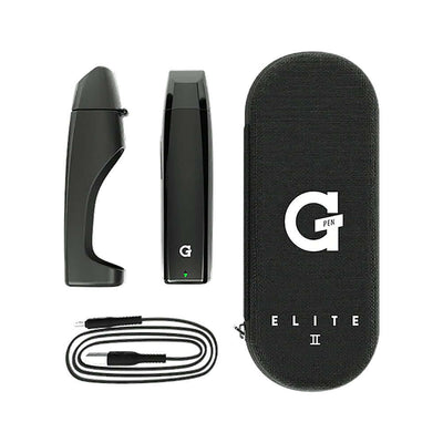 Grenco Science G-Pen Elite II Herb Vaporizer with case, charger, and accessories for precise temperature control and pure vapor.