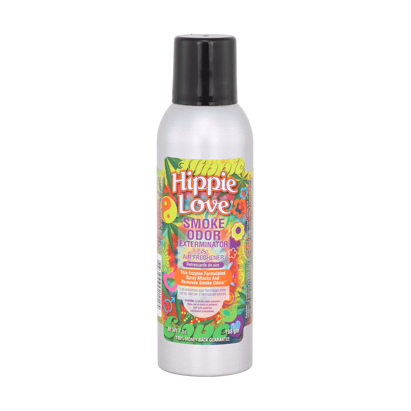 Hippie Love Smoke Odor Exterminator air freshener bottle, effectively eliminates smoke and pet odors with fast-acting formula.