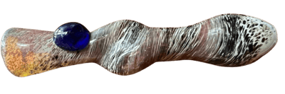 3.5" decorative silver fumed glass chillum hand pipe with vibrant colors and a blue accent. Sturdy and collectible!