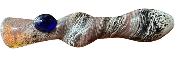 3.5" decorative silver fumed glass chillum hand pipe with vibrant colors and a blue accent. Sturdy and collectible!