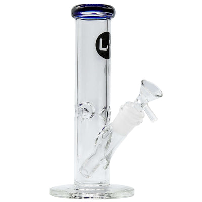 LA Pipes Straight Shooter Bong with colorful mouthpiece, 8-inch tall boro glass, handmade in Los Angeles, classic design.