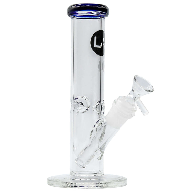 LA Pipes Straight Shooter Bong with colorful mouthpiece, 8-inch tall boro glass, handmade in Los Angeles, classic design.