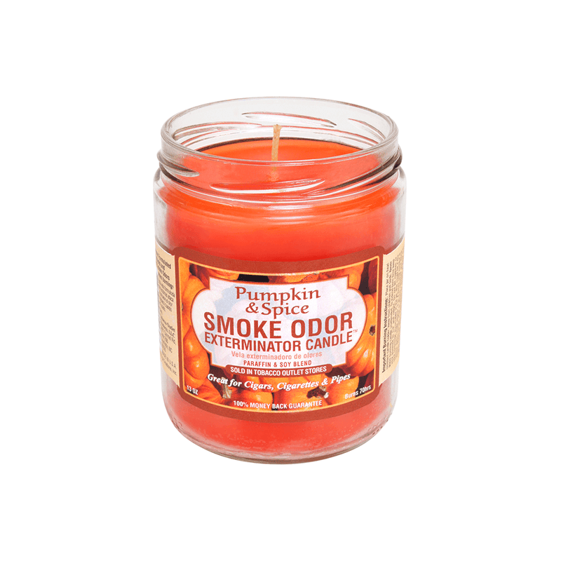 Pumpkin & Spice Smoke Odor Exterminator candle in a glass jar, designed to neutralize smoke odors.