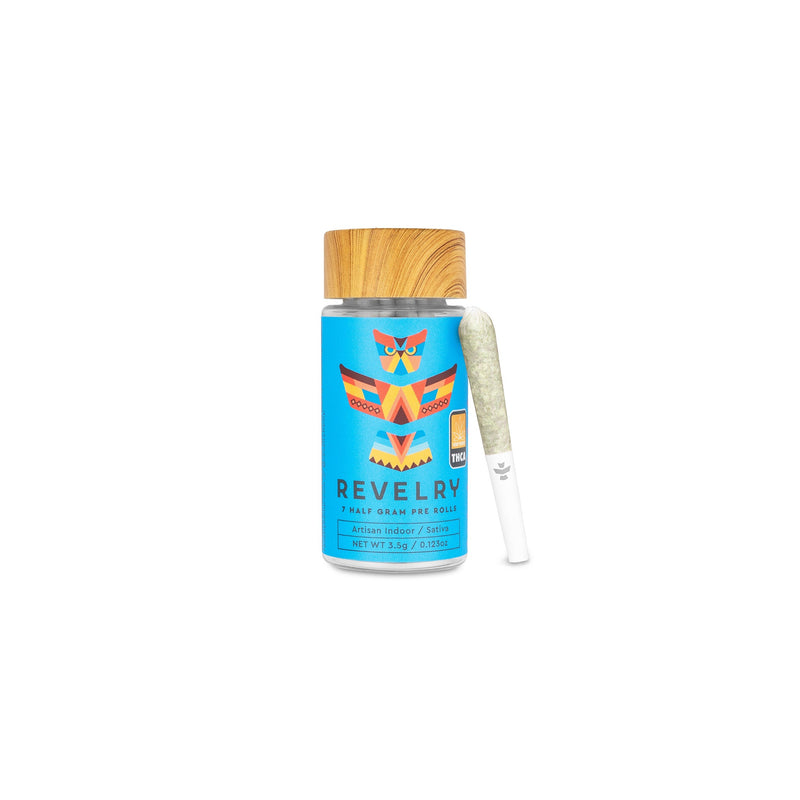 Blue Dream THCA Pre Rolls 7 Pack from Revelry with premium indoor-grown flower and sweet berry notes.