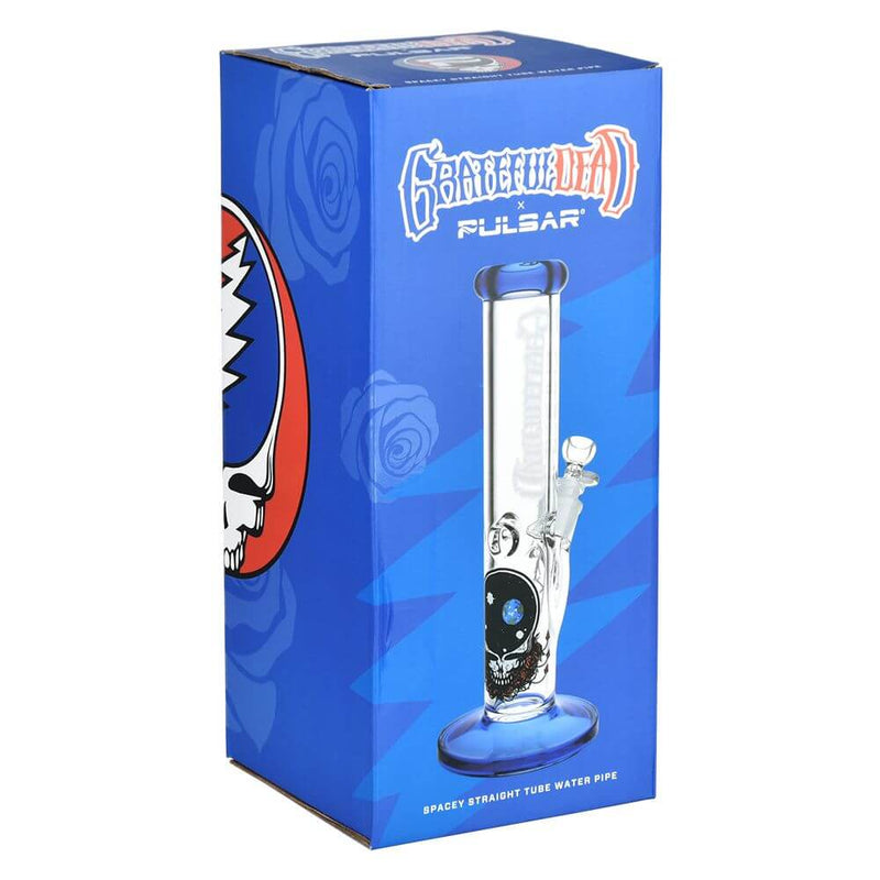 Grateful Dead x Pulsar Straight Tube Glass Water Pipe with Space Your Face design, 11.75" tall, in packaging.