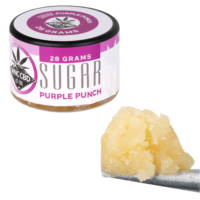 WNC CBD THCA Sugar container with Purple Punch flavor and 28 grams of product, showcasing the rich texture.